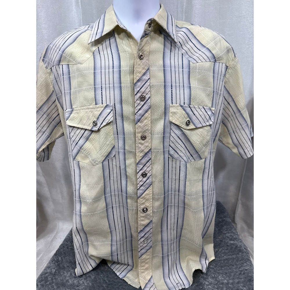 Liquid‎ Mens Short Sleeve diamond Snap Striped Seersucker Shirt yellow Blue L